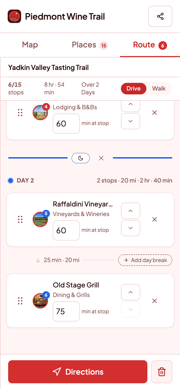Piedmont Wine Trail tasting tour route